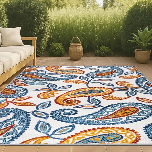JONATHAN Y Paisley High-Low Indoor Outdoor Area Rug 4X6 Orange/Blue,