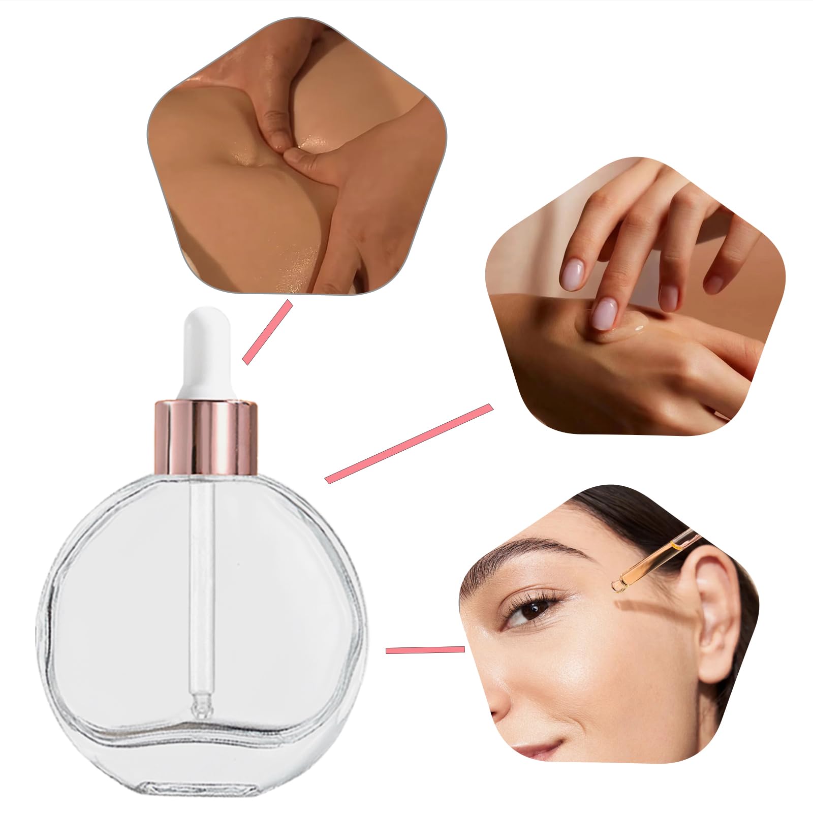 Botellas con cuentagotas transparentes de 2 onzas, 6 botellas de vidrio redondas transparentes con cuentagotas para ojos, para sueros de perfume, aceites para el cabello y otros líquidos (tapas