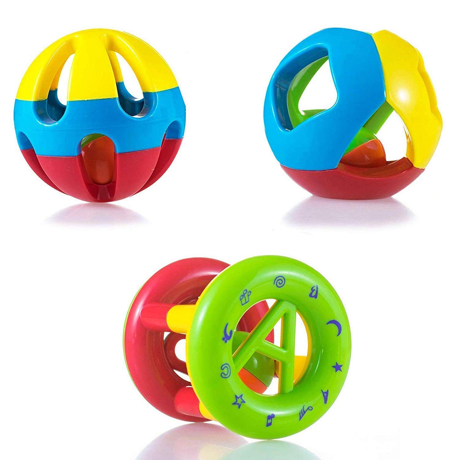 kidzbell kid's shake and grab ball, educational and developmental toys with storage bag baby rattles-set of 3- Multi color