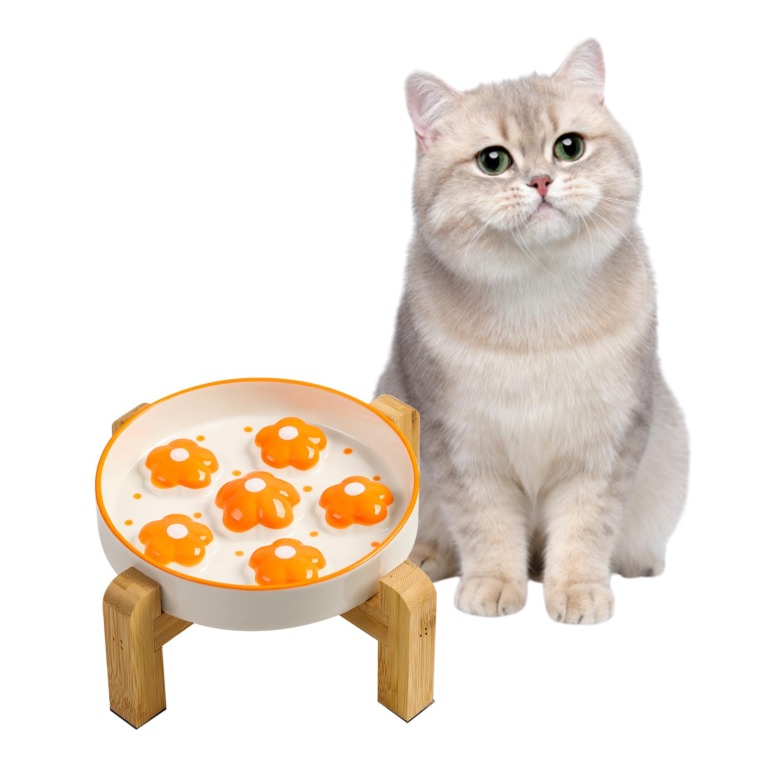 Elevated Slow Feeder Cat Bowl - Maze Puzzle Cat Food Dish with Bamboo Stand, Anti-Slip - Raised Base for Comfortable Eating - 6 OZ - Bright Orange