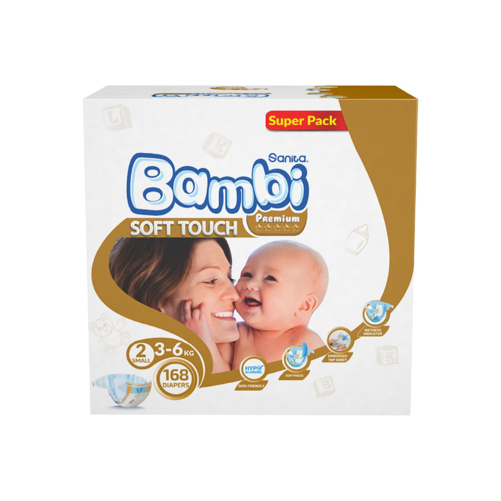 Sanita Bambi Premium Small Soft Baby Diapers, Size 2, 3-6 kg, Skin-Friendly, Wetness Indicator & Umbilical Cord Cut-out for Baby’s Safety - Super pack, 168 Count