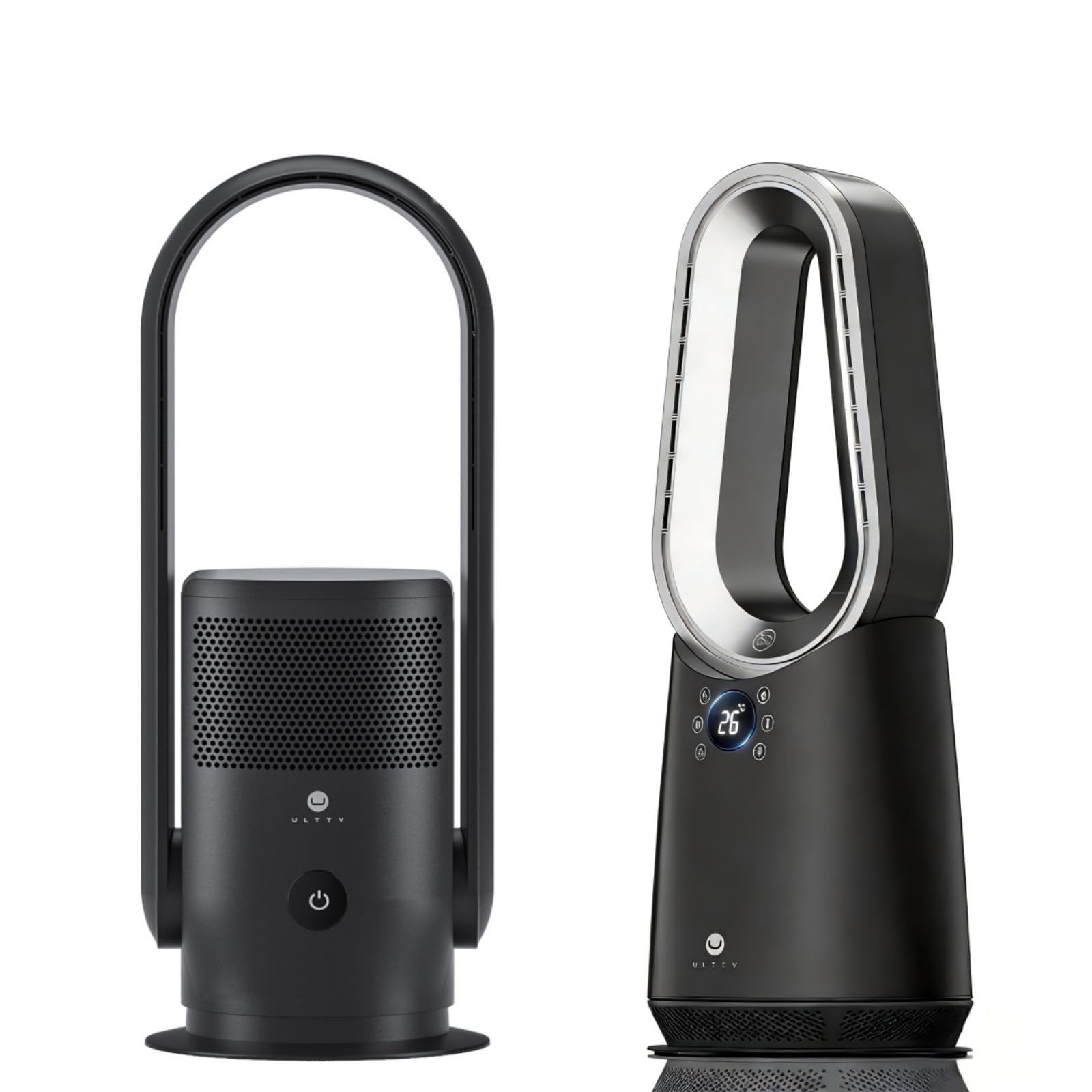 ULTTY Black Bladeless Tower Fan & Air Purifier with HEPA Filter + Black 2-in-1 Space Heater and Cooling Fan with 80° Oscillation, Remote, Timer & Ambient LED Light for Bedroom and Home Office
