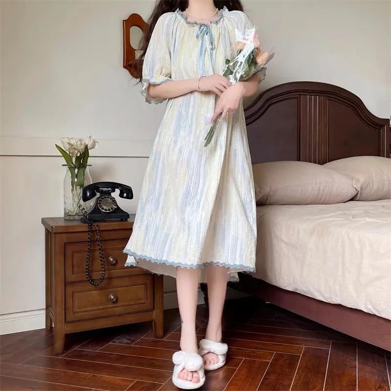 OFFSUM Camisón De Pijama De Mujer - Camisón De Estilo Palaciego De Princesa De Verano Ropa De Lencería Suave Y Transpirable con Encaje Dulce Informal Temperamento Cuello Redondo