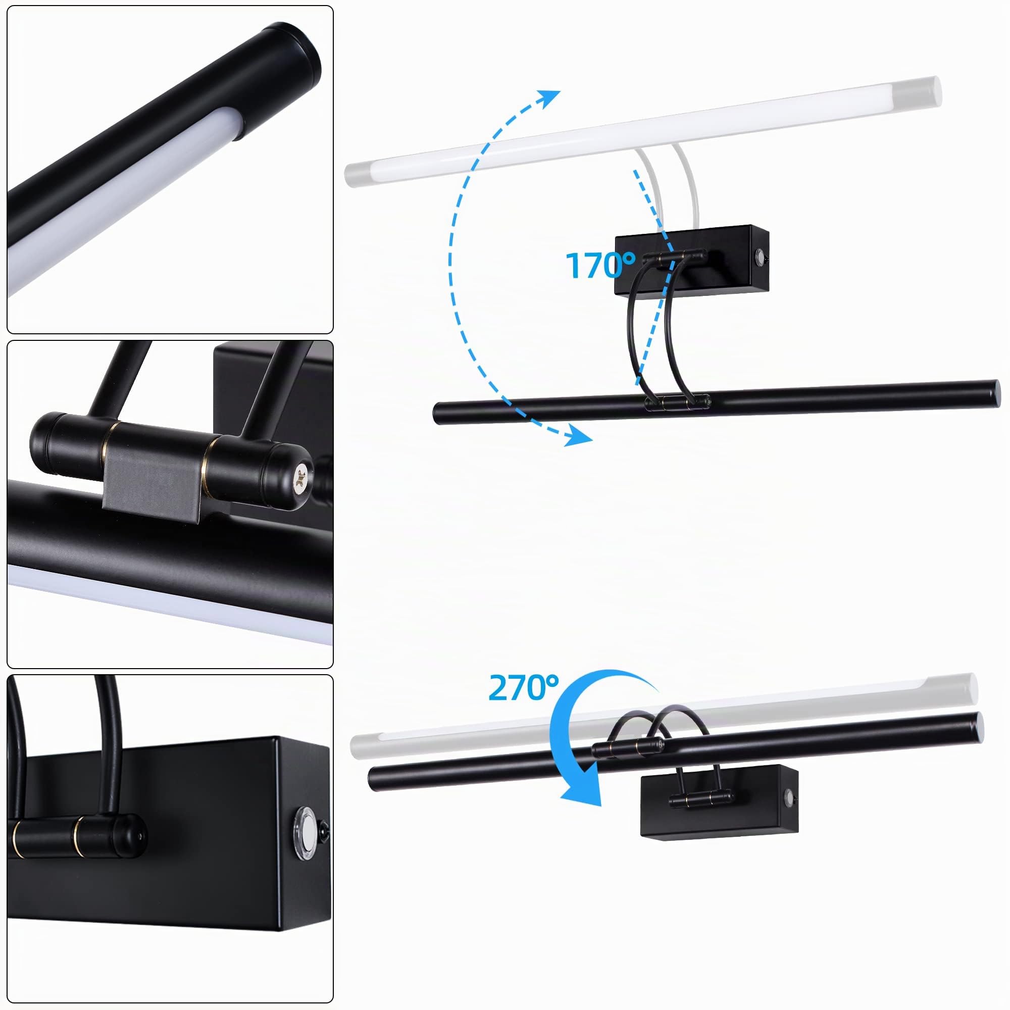 MantoLite LED Regulable Lámparas de Pared 15W,60CM Interior Iluminación para cuadros y expositores Cabeza Giratoria Lectura Lámpara,Negro Baño Espejo Apliques de Pared 3000K/4000K/6000K