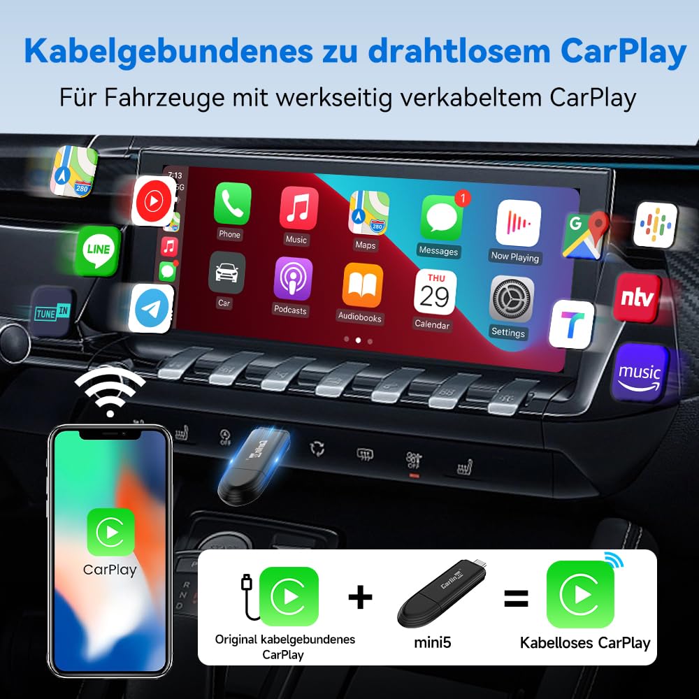Carlinkit MINI5 Wireless CarPlay Adapter, verwandelt das Originale kabelgebundene CarPlay Ihres Autos in EIN kabelloses System, kompakter und einfacher zu verstauen