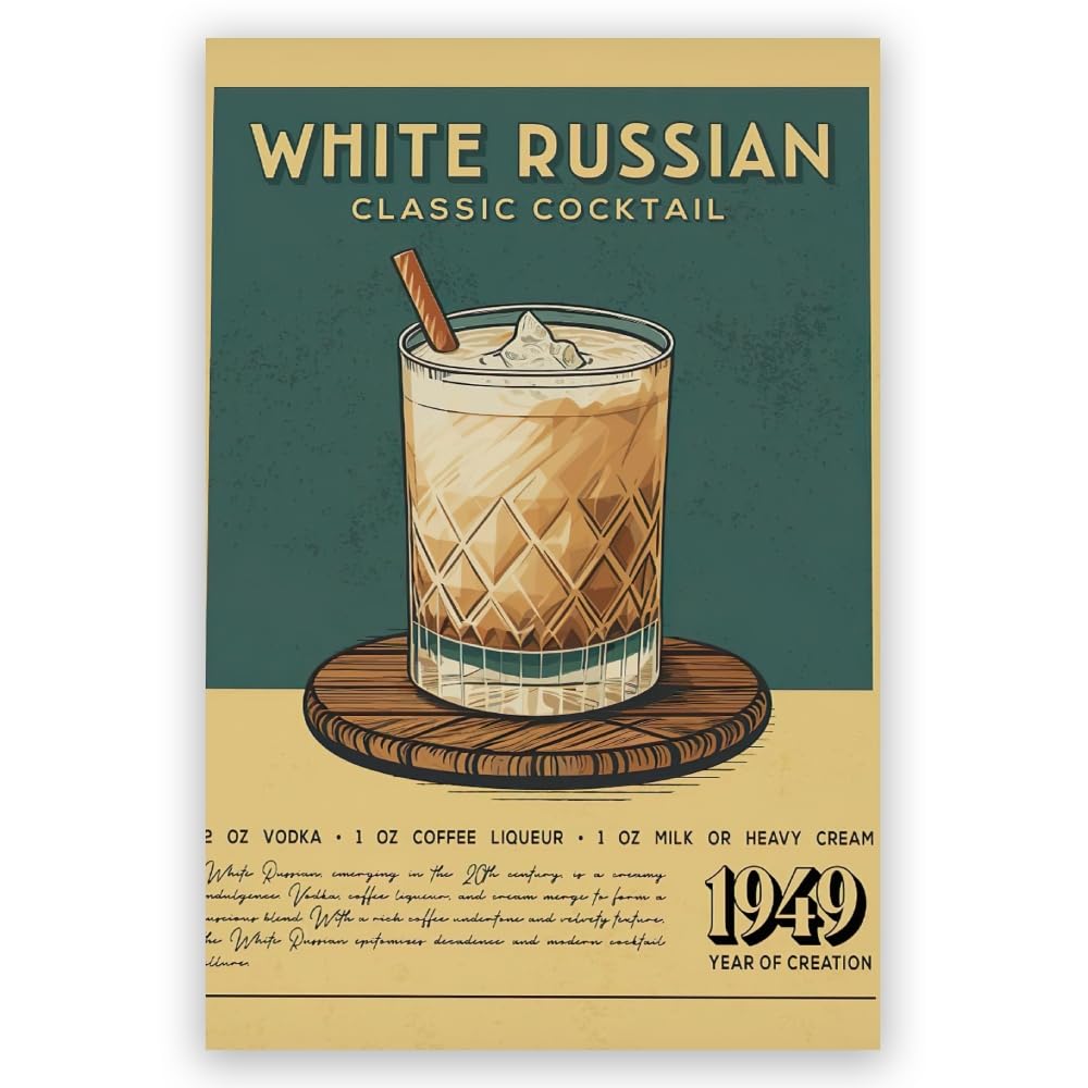 LivelyDawn White Russian Poster Vintage Cocktail Posters Classic Cocktail Bar Cart Wall Art Cocktail Drink Wall Decor Alcohol Wall Art Dining Room Dorm Kitchen Canvas Print 16x24inch Unframed