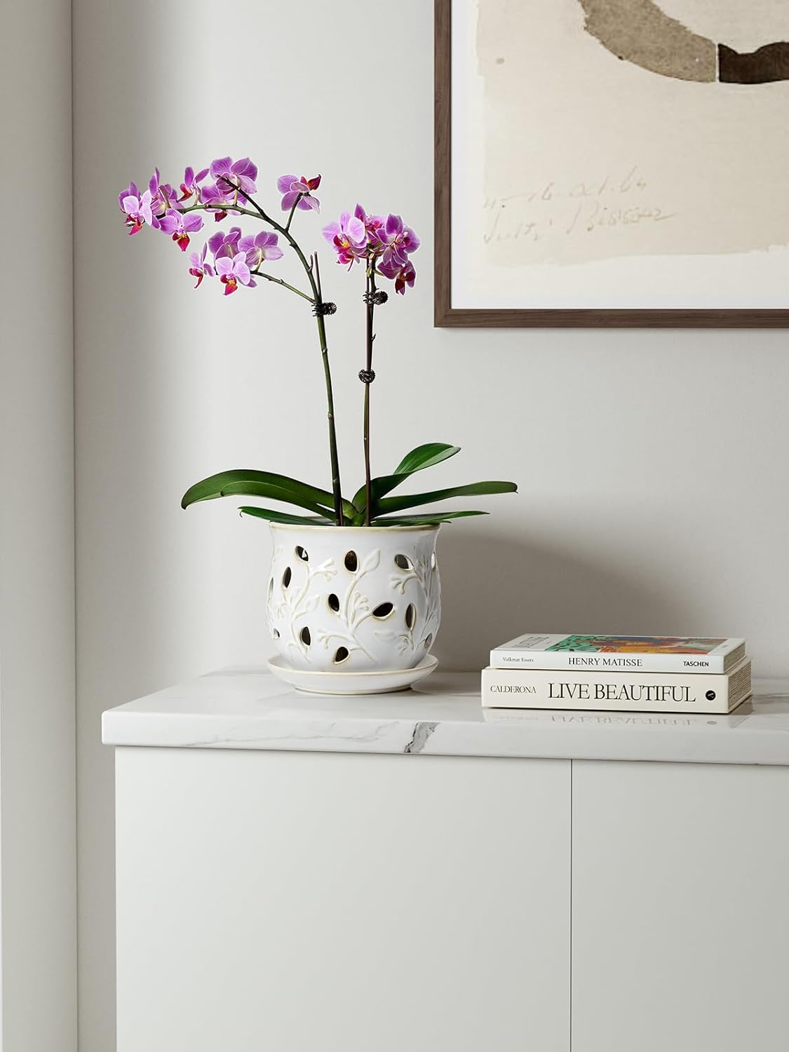 LE TAUCI Ceramic Orchid Pot, 6.5 Inch Orchid Planter with Holes for Repotting, Indoor Flower Plant Pot with Drainage and Saucer, Arctic White