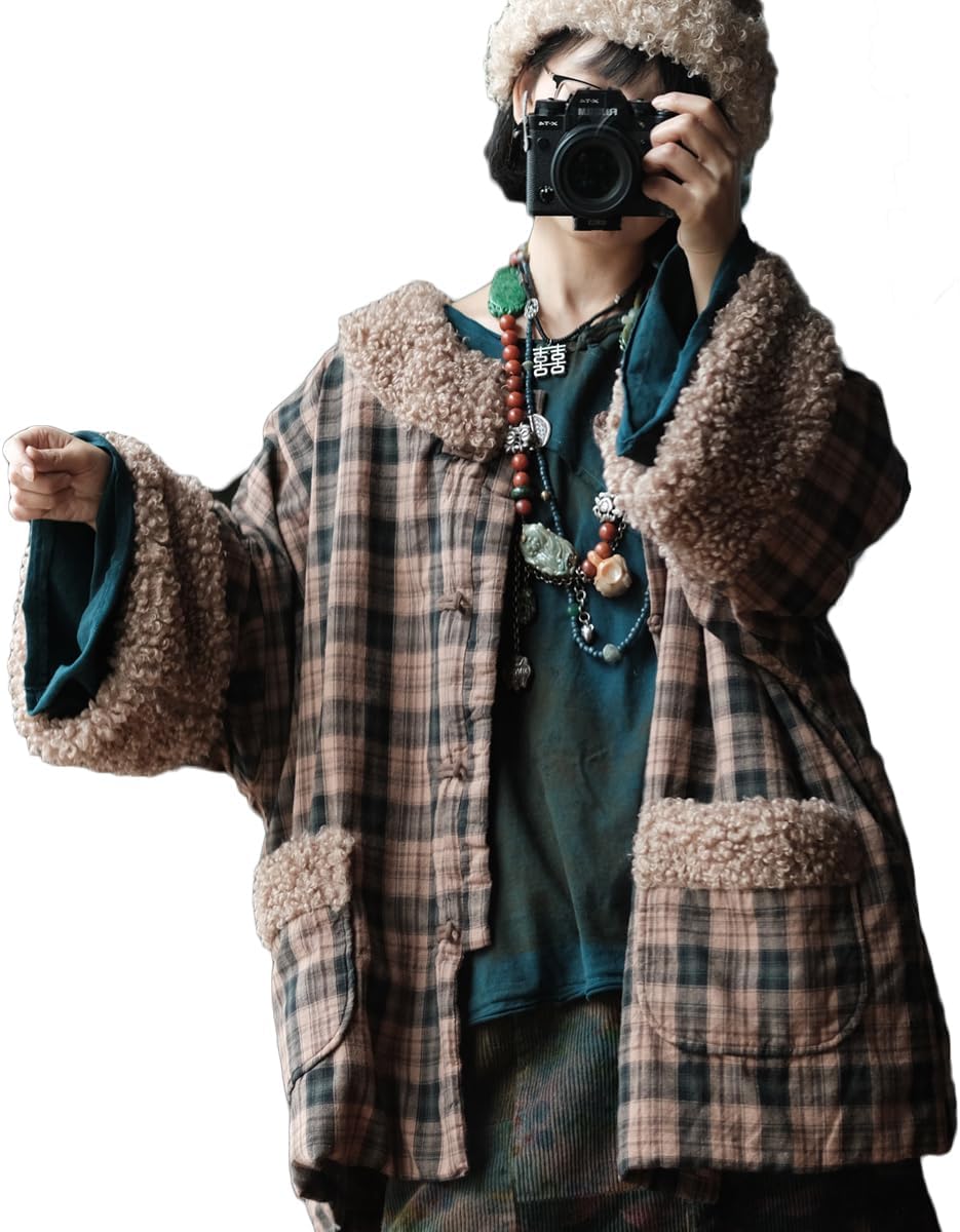 NFYM Women's Vintage Printed Quilted Jacket with Sherpa Fleece Collar and Cuffs, Oversized Winter Coat