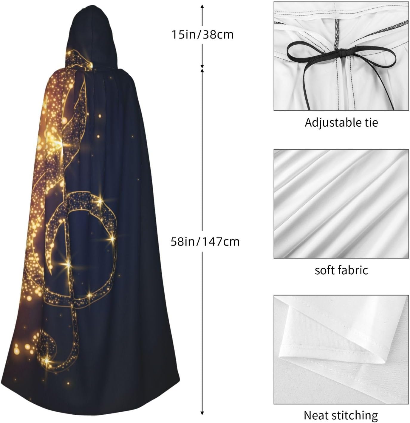 (Gold Musical Note with Shiny Star) Halloween Hooded Cape Full Length Cloak with Hood Cosplay Robe for Costume Party