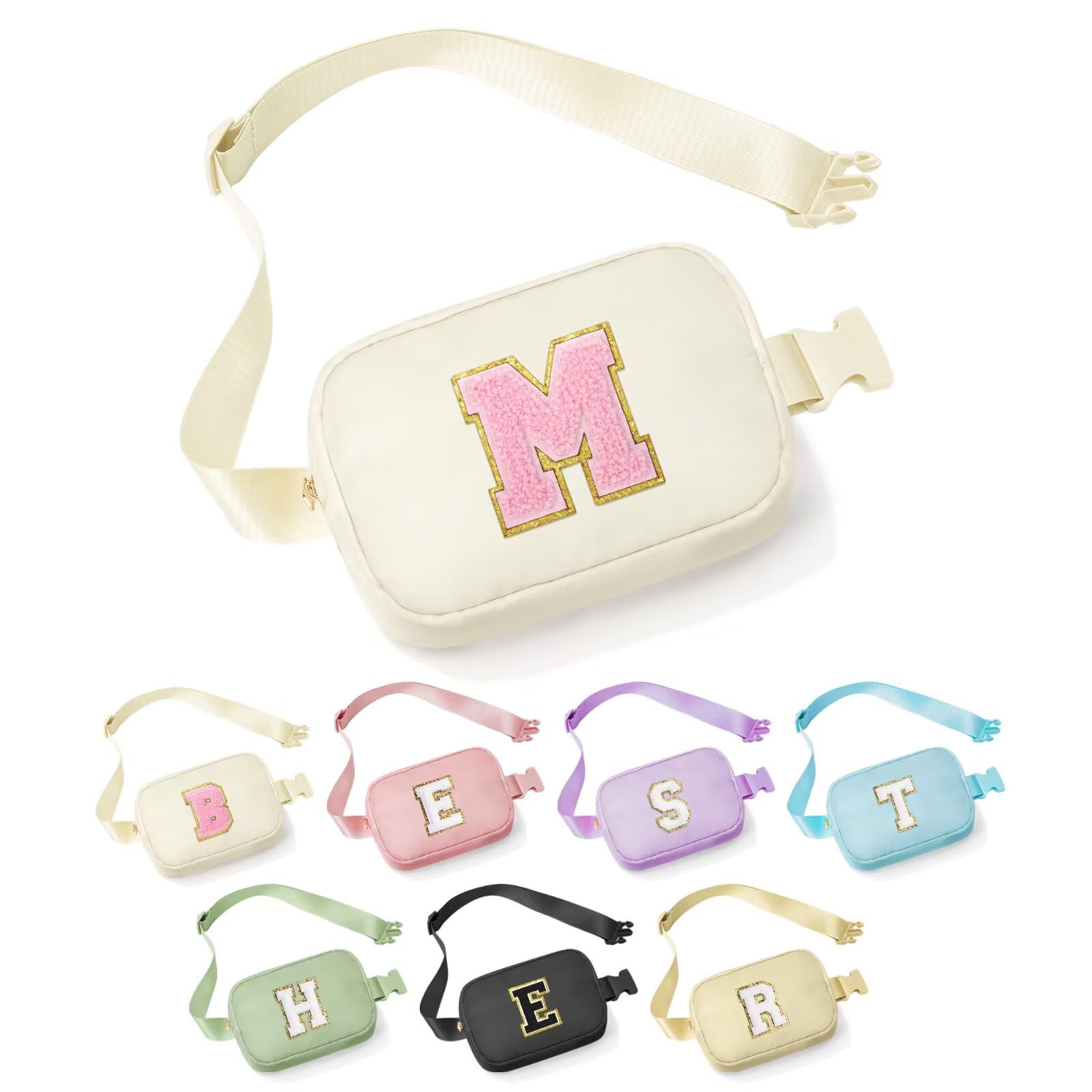 YOOLIFE Initial Crossbody Bag Fanny Pack for Girls Kids, Purse for Little Girl Everywhere Belt Bag Personalized Girls Christmas Gifts Stocking Stuffers, Beige M