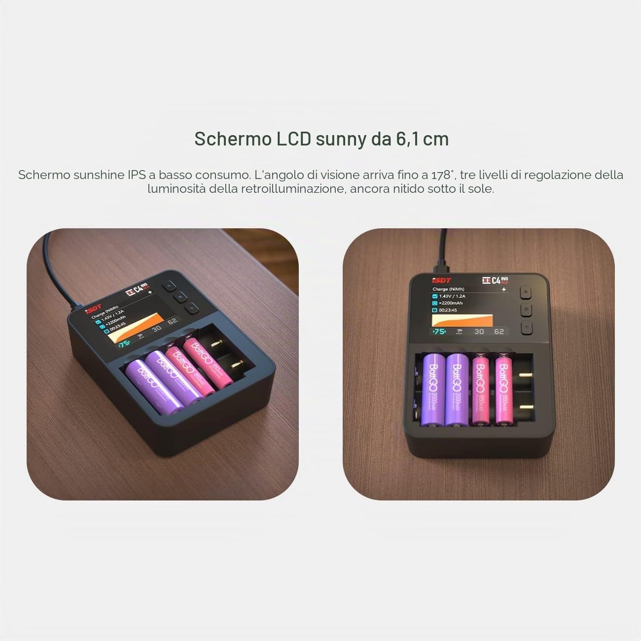 ISDT C4EVO Caricabatterie Universale 6 Slot, Caricatore per Batterie Ricaricabili per Batterie AA/AAA NiMH NI-Cd agli Ioni di Litio, LiHv LiFePO4 18650 Tipo C Display IPS Prevenzione Antincendio