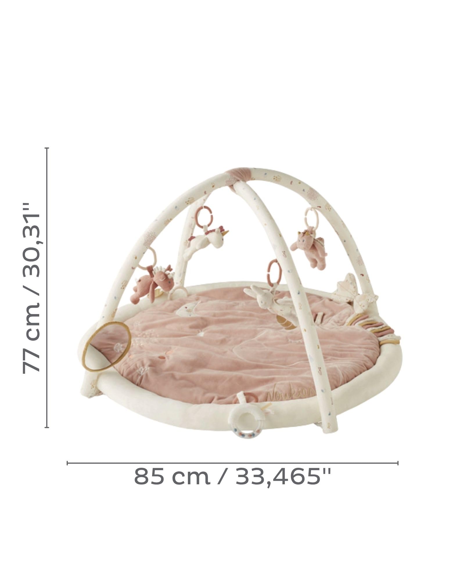 NOUKIE'S - Tapis d'Éveil Bébé - Rose - Lina & Joy - Tapis d’Activités Sensoriel avec Jouets Suspendus - Motricité, Développement Éveil - Lavable Machine - Naissance - Cadeau