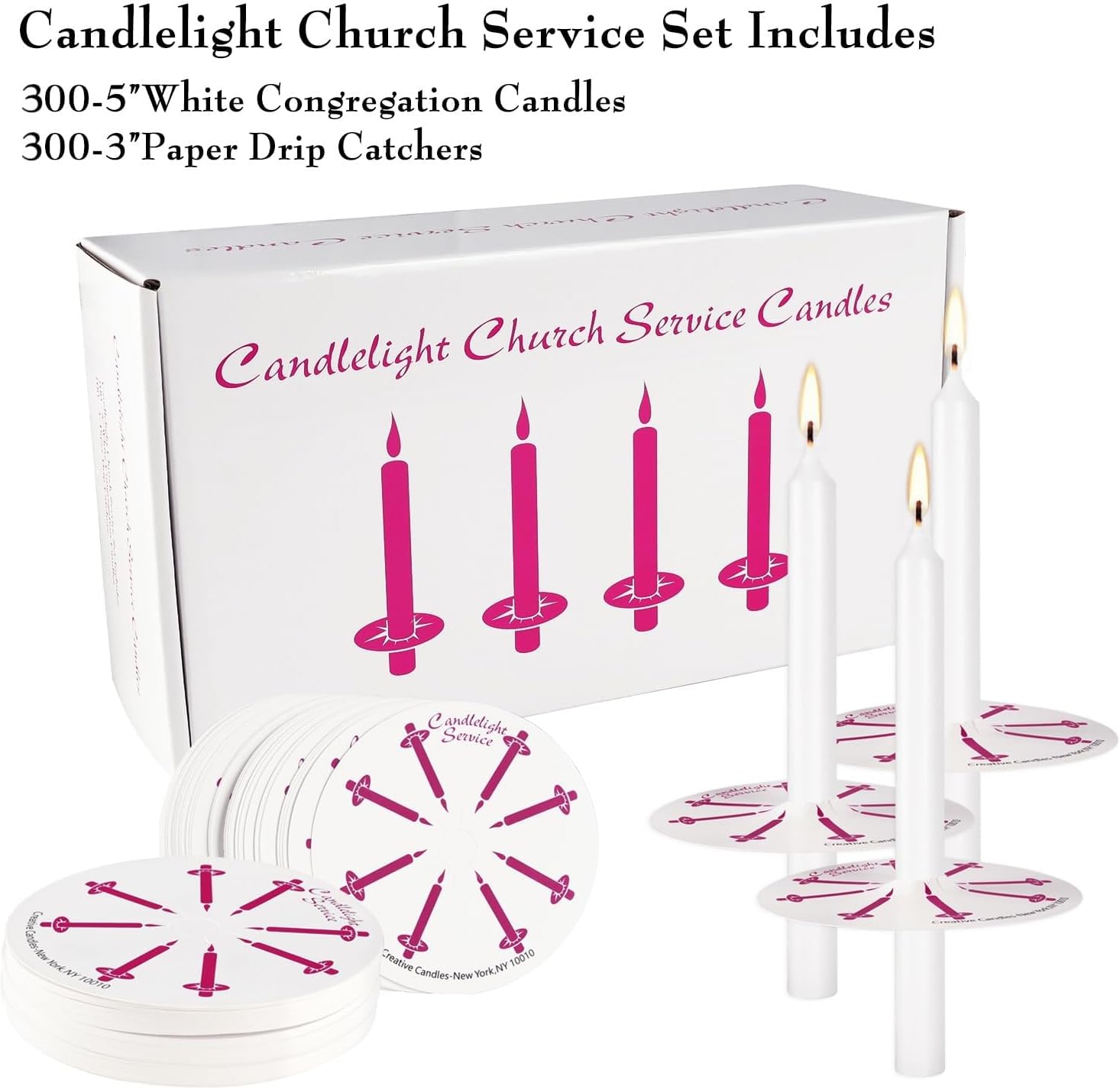 300 Pieces 5-Inch White Unscented Taper Candles with Drip Protectors for Church, Prayer, Shabbat, and Vigil Use