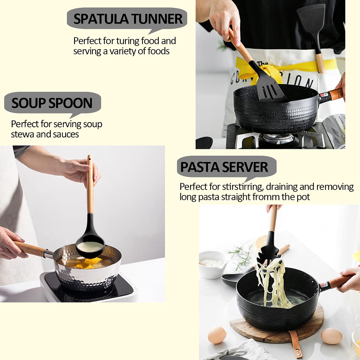 Zestaw silikonowych przyborów kuchennych, AIKKIL 35 szt. nieprzywierające przybory kuchenne szpatułka z uchwytem, czarne nieprzywierające odporne na wysoką temperaturę naczynia kuchenne z drewnianym uchwytem, najlepsze narzędzia gadżetowe zestaw upominkow