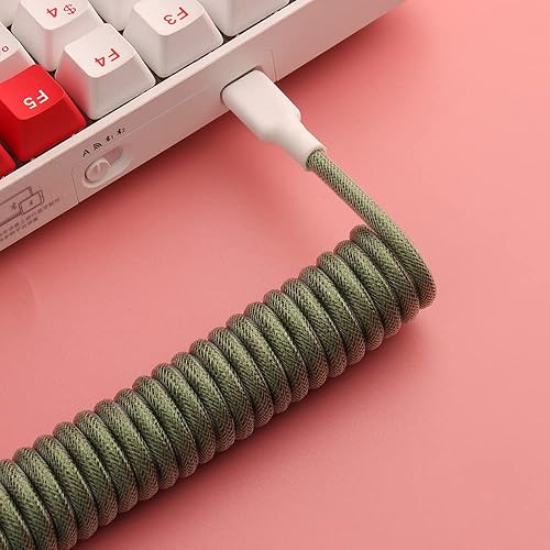 Miniatura 6 de Conector de aviador desmontable de doble manga Cable USB-C en espiral para teclados mecánicos de juegos personalizados (color rosa gris)