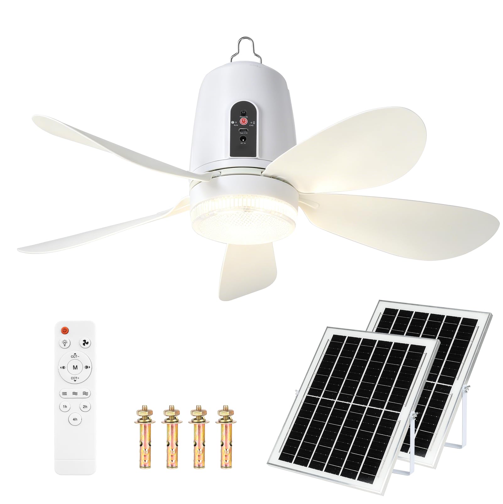 Ventilatore da Soffitto Solare con Luce, Pannello Solare 24W, Ventilatore 40cm 5 Pale, 3 Velocità & 3 Temperature di Colore, Telecomando con Timer, Portatile per Campeggio, Gazebo, Terrazza