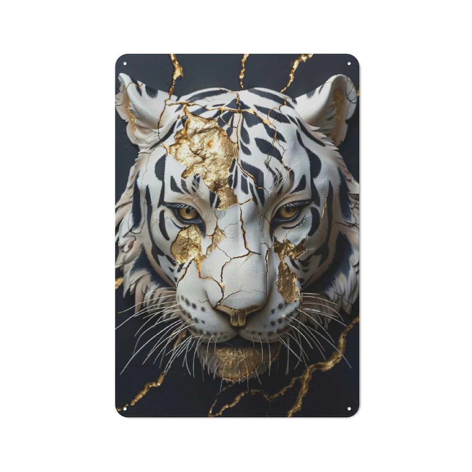 Rustic Vintage Metal Sign 30x20cm Featuring Cracked Tiger with Gold Inlay, Home Bar Decor for Cafe, Pub, Workshop Or Home Bar
