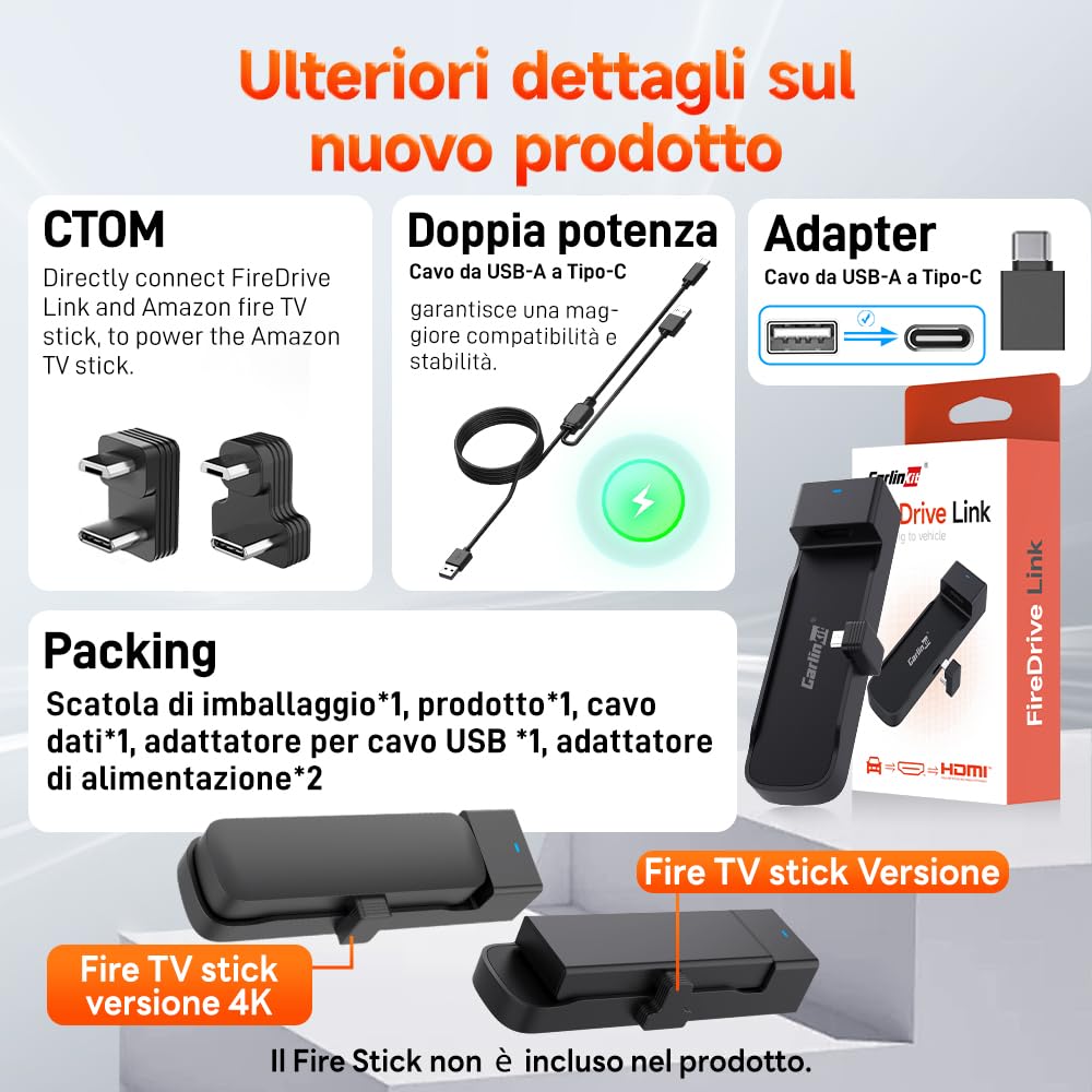 Carlinkit 2026 Adattatore HDMI FireDrive Link Auto - Convertitore per Fire TV Stick & Gaming, Trasmissione Video HD 1080p, Plug & Play, Compatibile con CarPlay Cablato e Dispositivi Fire TV Stick