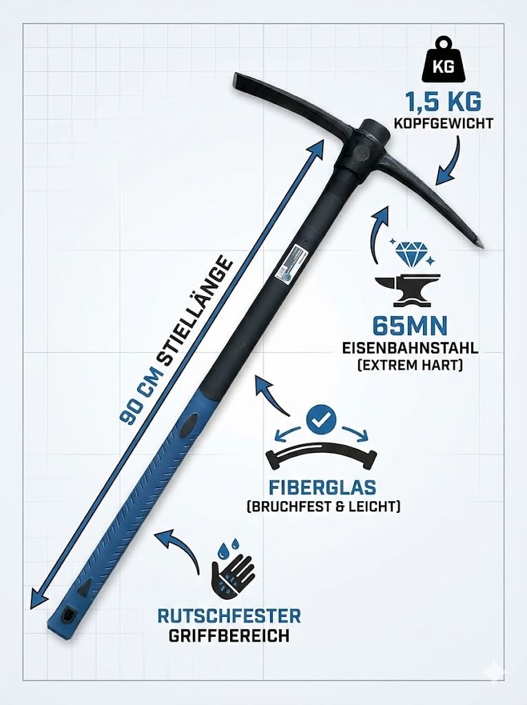Kreuzhacke 1,5 kg mit Fiberglasstiel (90 cm) – Robuster 65MN Stahlkopf – Ergonomisch, rutschfest & Bruchsicher – Profi Garten- & Bauwerkzeug für Harte Erdarbeiten