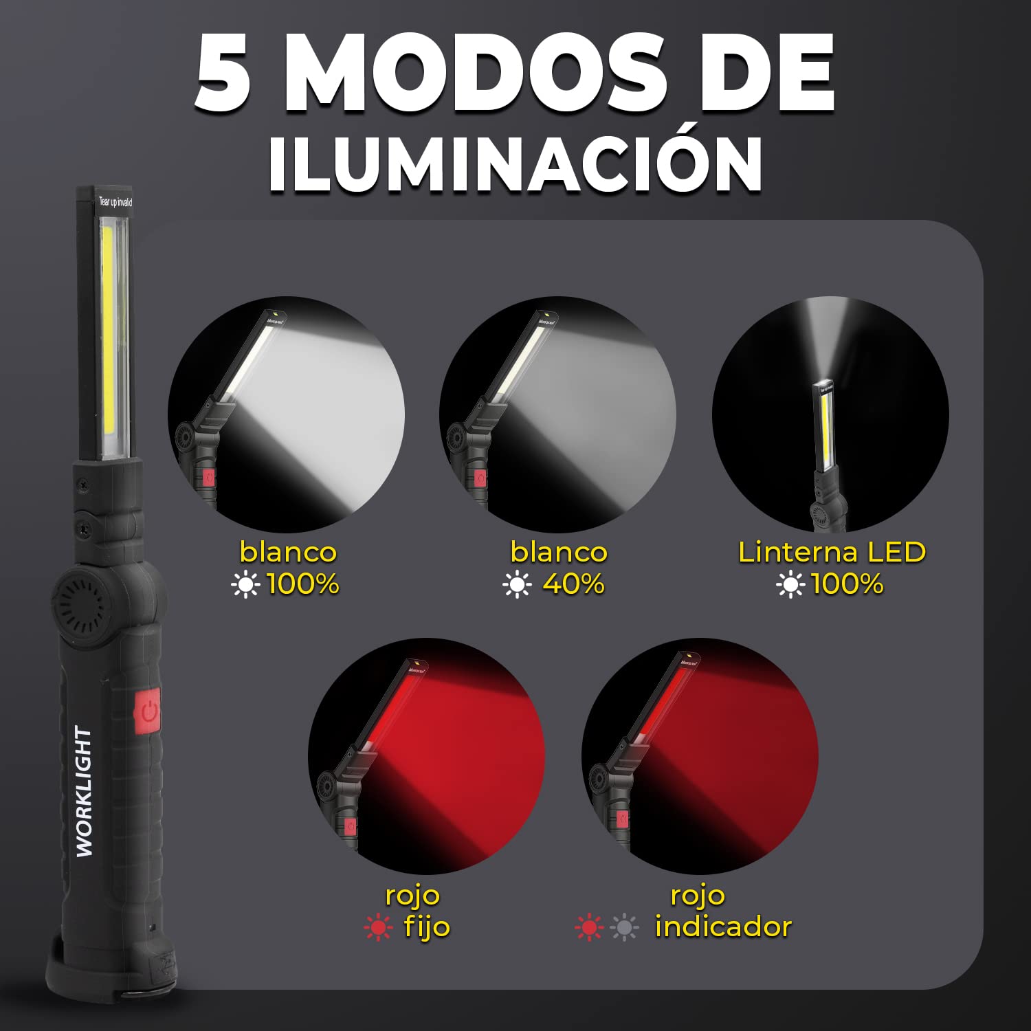Linterna LED recargable con imán, pack de 2 lámparas de trabajo portátiles USB con gancho, giro 360°, 5 modos, luz roja y SOS para taller mecánico, coche y emergencia