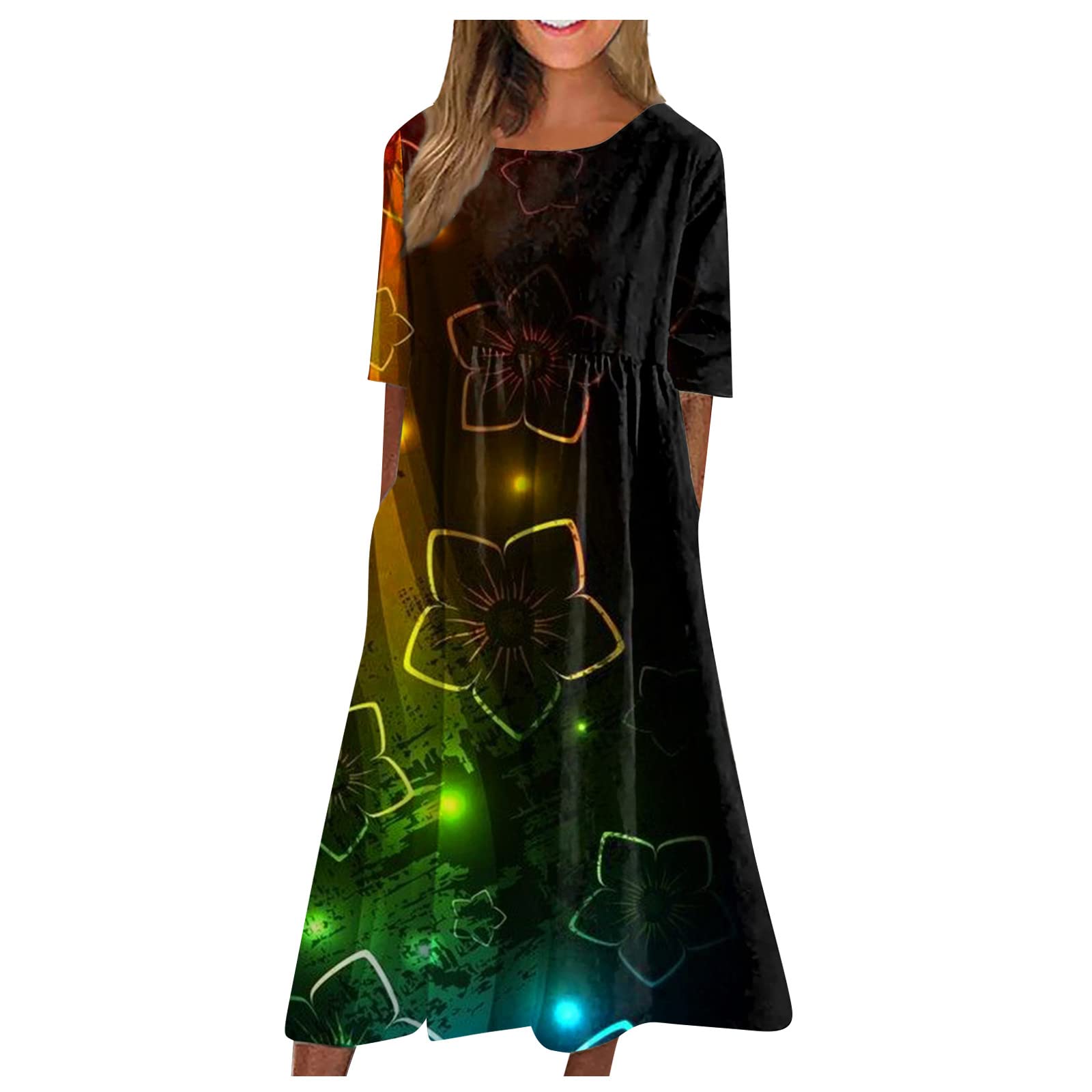 Womens A-Line Short Sleeve Dresses Button Doen Floral Printed Party Dress Dressy Classic-Fit Round Neck Dress