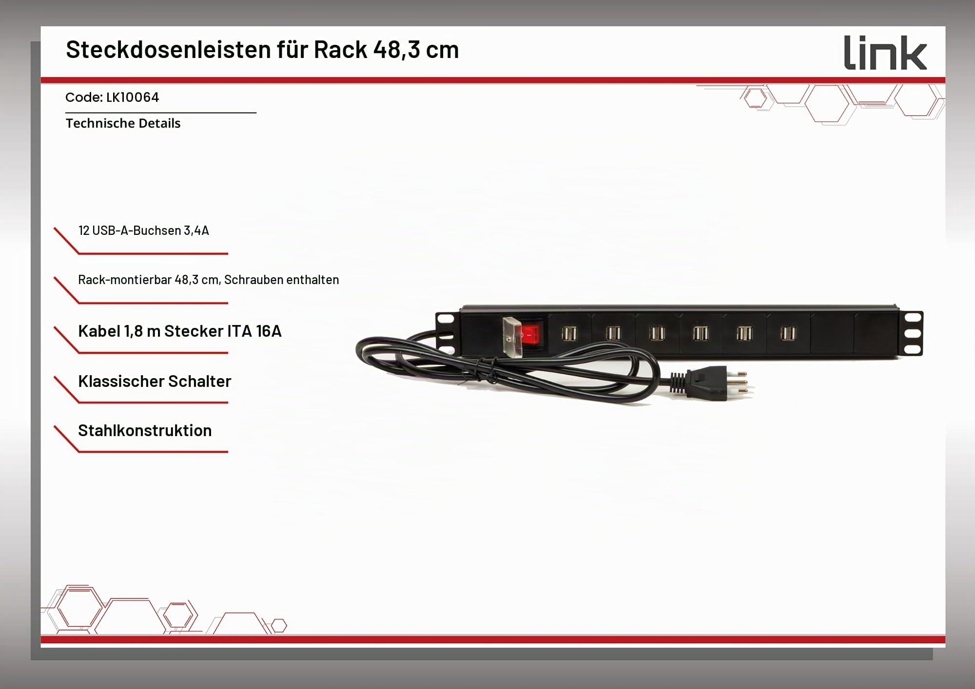 Link Mehrfachsteckdose 1U 19" für Rackschränke LK10064-12 USB-Buchsen 3,4A lädt Mobile Geräte mit LED-Schalter und 6 Universal-/Schuko-Steckdosen, Metall 1 Einheit, 48,5 x 4,5 x 4,5 cm, wendbare