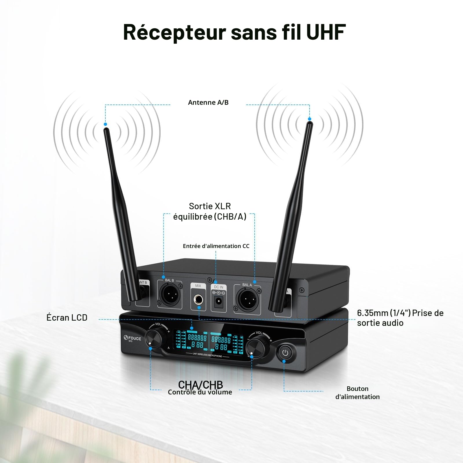 FDUCE W13 Système de Microphone sans Fil Dynamique 2x5 Canaux UHF 60m Karaoké