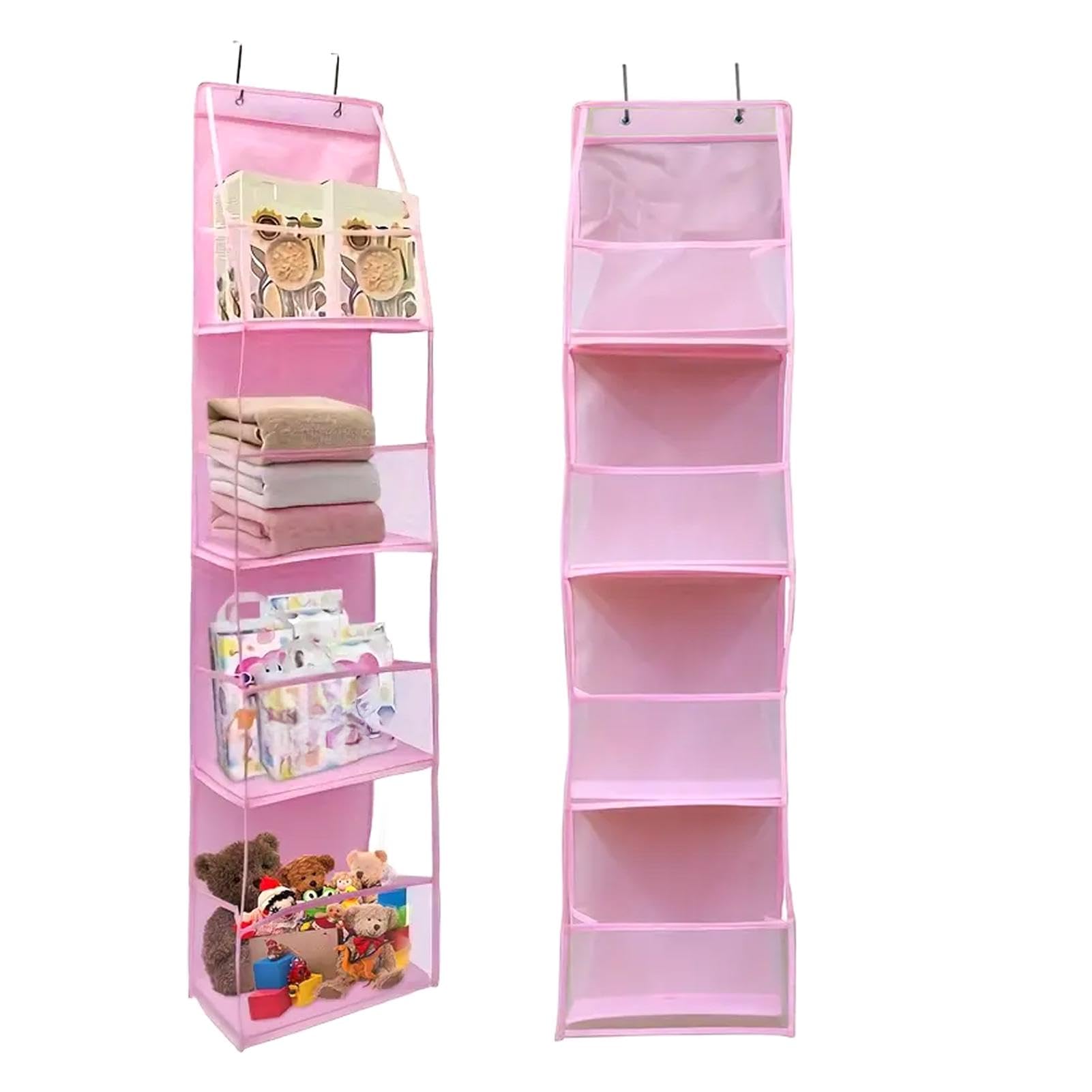 JASOLYI Over Door Organizer with 4 Clear Pockets, Over The Door Hanging Organizer Wall Storage for Closet, Wardrobe, Bedroom, Bathroom(Pink)