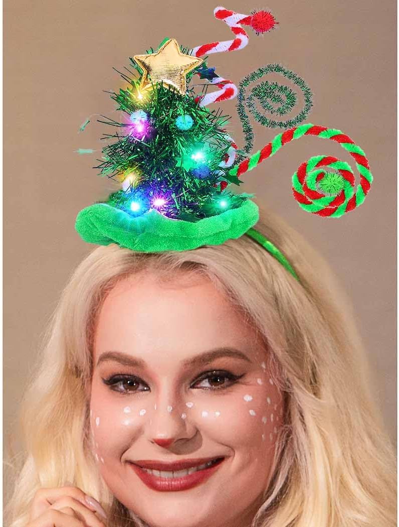 Yean Christmas Tree Headband Light Up Christmas Tree Tinsel Glow Hat Holiday Costume Accessories for Women and Girls(Pack of 2) - Image 7
