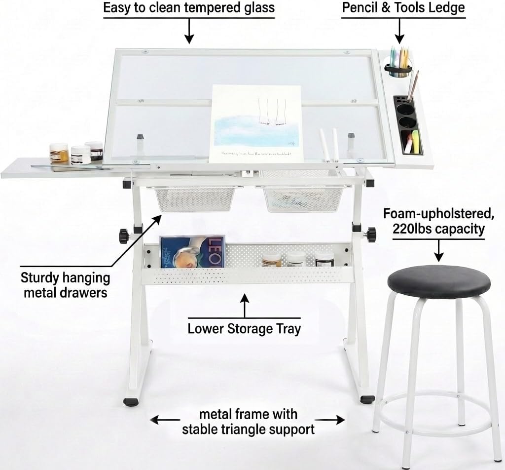 Art Table Art Desk Drafting Table - Height Adjustable Glass Drawing Table with Metal Drawers & Stool, Professional Artist Workstation for Painting, Sketching & Office Home Studio(White)
