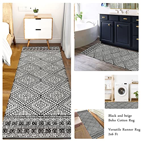 Famibay Cotton Boho Runner Rug 2 X 6Ft Machine Washable Black And Beige Bathroom Rugs Hand- Woven Reversible Small Throw Area Rugs Soft Boho Carpet Rugs For Bedroom Kitchen Laundry Room Doorway thumb #5