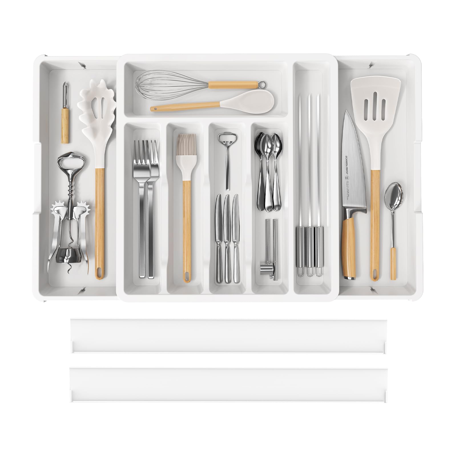 iDavosic.ly Silverware Drawer Organizer, Expandable Utensil Tray for Kitchen Drawers, Adjustable Plastic Cutlery Flatware Holder for Knife Fork Spoon with 8-10 Compartments (Large, White)