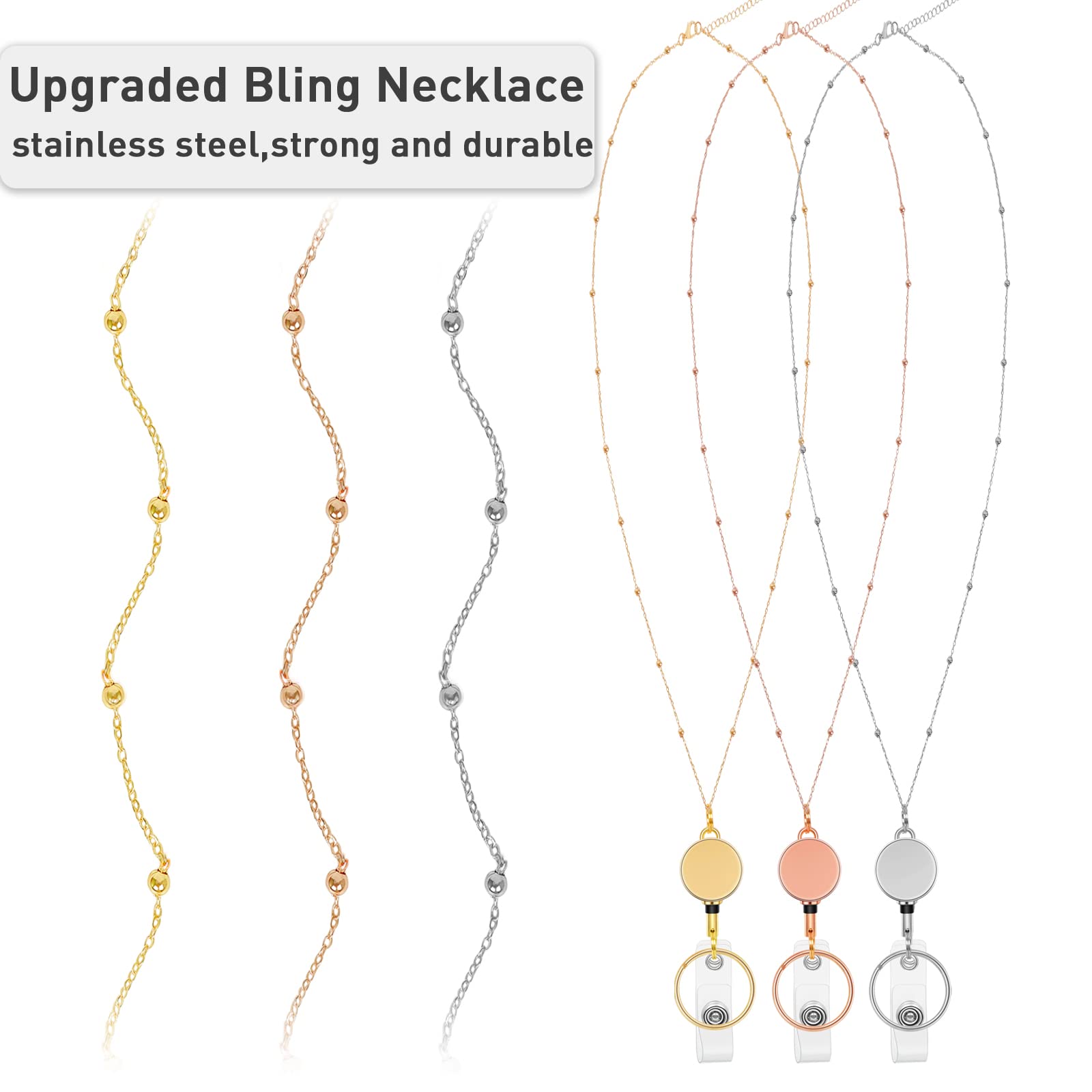 Cordón Retráctil Con Soporte Para Identificación, 3 Piezas De Cordón De Abalorio De Moda Con 6 Soportes Impermeables Para Tarjetas De Nombre De Acero Inoxidable Para Mujeres Y Hombres (oro Rosa, Plateado