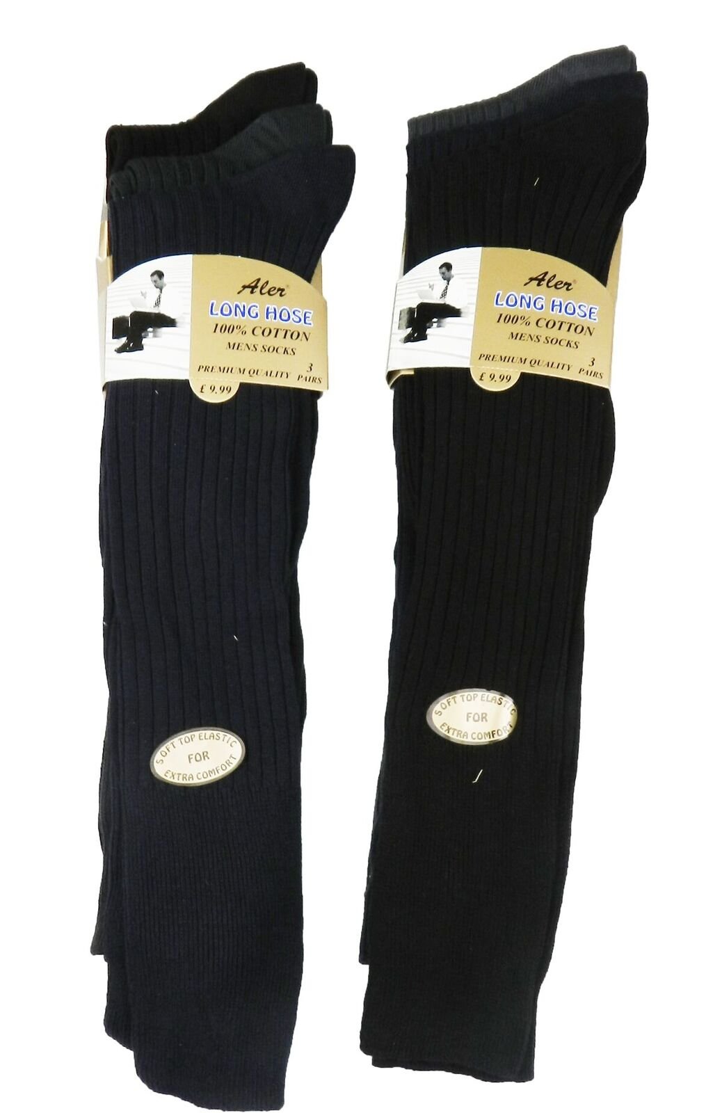 Aler Men's Black 6 Pairs Long Hose Ribbed 100% Cotton Comfy Grip Socks (6-11, -1045-C)