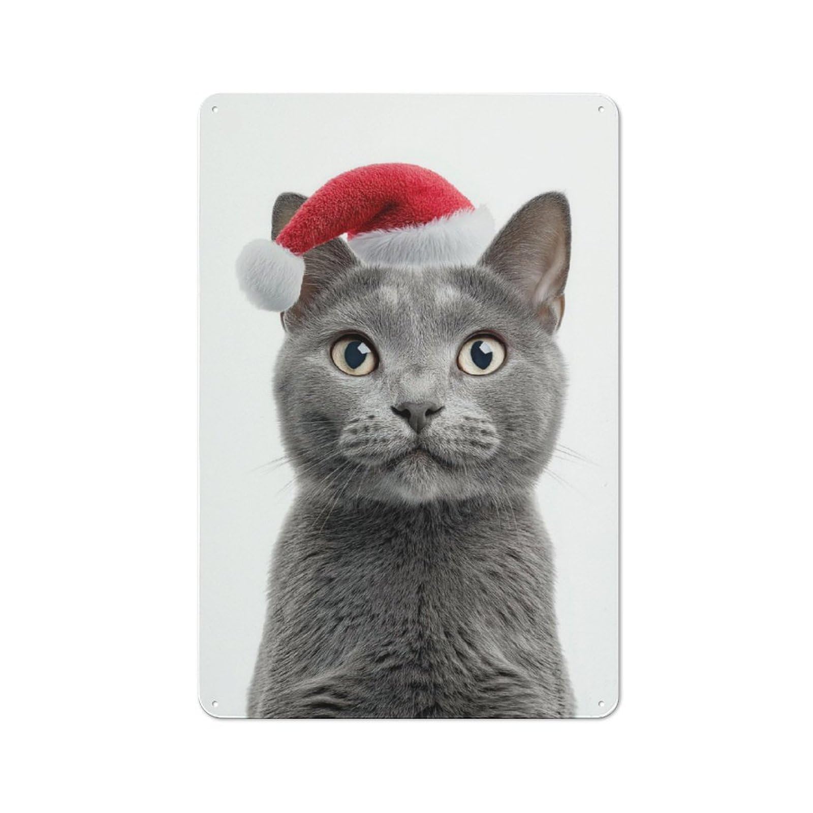 Junmoney Chartreux Cat With Santa Hat Rustic Tin Sign 30X20cm Featuring For Bar Or Restaurant, A Housewarming Gift For Bar Decor Enthusiasts