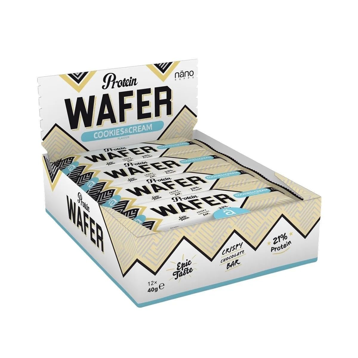 NänoSupps Protein Wafers (12x40 g) Cookies & Cream Flavour Epic Taste Crispy Chocolate Wafer 23% Protein. made in Hungry