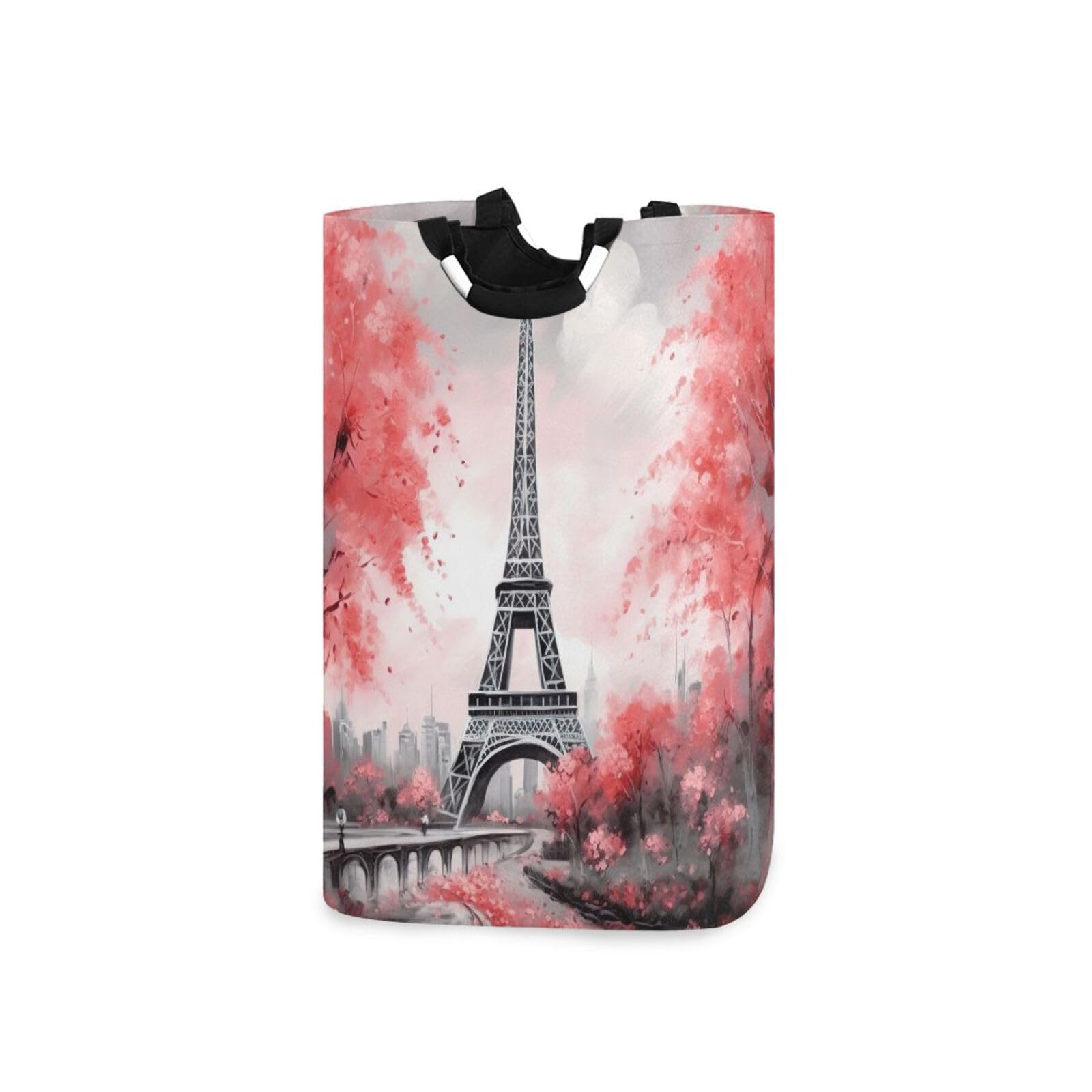 Jihqo Laundry Hamper Basket Eiffel Tower Pink Trees Collapsible Nursery Storage Bin Waterproof Clothing Baskets for Home Bedroom Bathroom Washing Room