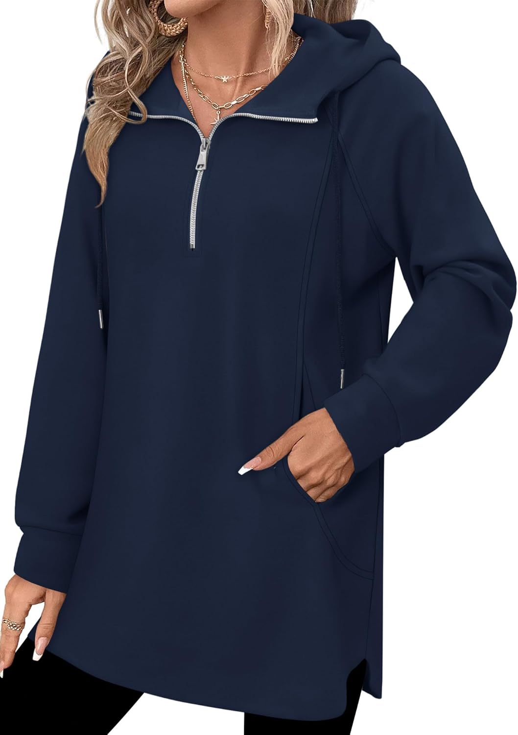 onlypuff Women Hoodie Pullover Trendy Quarter Zipper Lapel Sweatshirts Drawstring Cute Hooded Tunic Tops with Side Pockets - Image 4