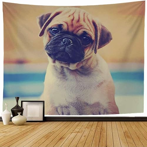 Starojan Tapiz para colgar en la pared, lindo frente con mezcla de pug chihuahua, animales húmedos para cachorros en el patio de acción, vida