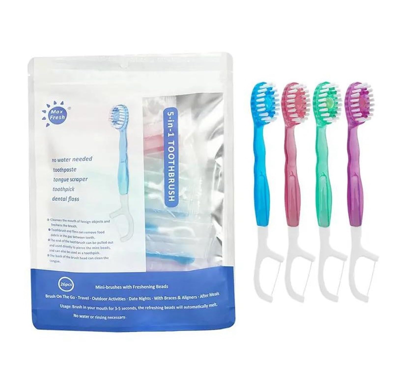 5 in 1 Mini Toothbrush & Floss & Tongue Scraper & Toothpick Set, 26 pcs 5 in 1 Toothbrush & Floss, Disposable Toothbrushes with Toothpaste, Portable