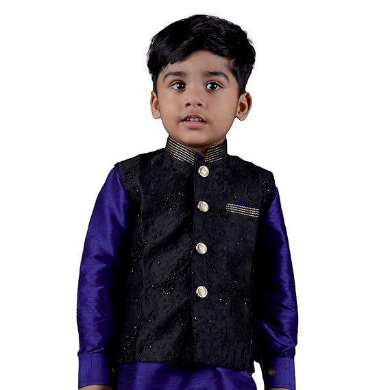 Boys Silk Blend Sleeveless Sequence hand embroidery Party waistcoat -Black