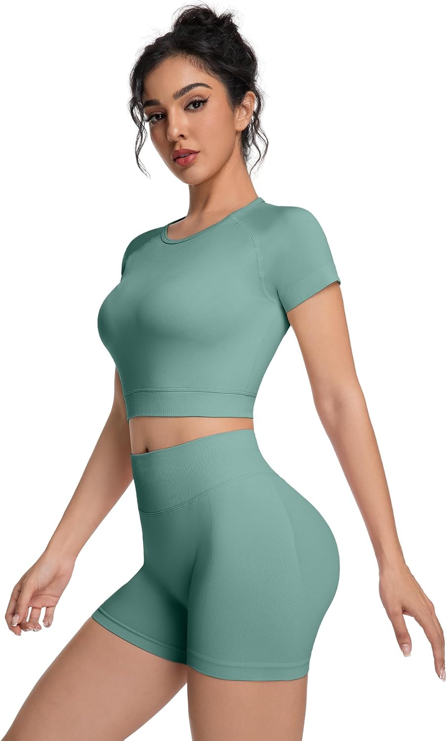 OVESPORT 2 Piece Workout Sets for Women Impact Crop Top Shirts and Seamless Gym Shorts Outfits - Image 4