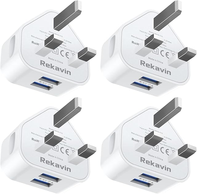 USB Plug UK 4 Pack,Rekavin USB Charger Plug Dual Port Adaptor UK Mains Charger 5V/2.1A Double USB Wall Adapter Charge Head with Smart IC Charging for iPhone 13 12 11 XS XR X 8 7 6,iPad,Mobile Phone