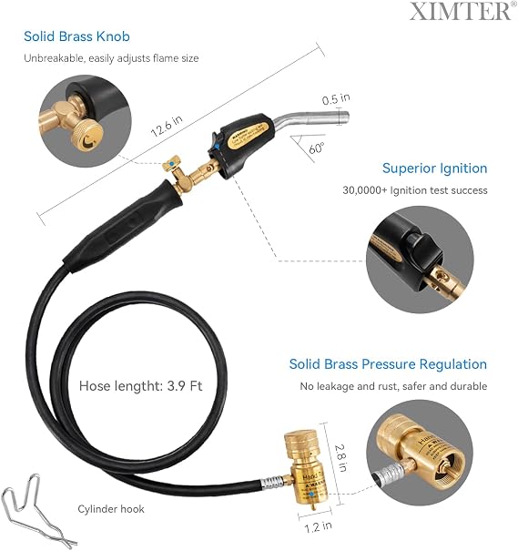 Propane Torch with 3.6Ft Hose - MAPP MAP-PRO Gas Torch Trigger Start & Adjustable Swirl Flame & Solid Brass CGA600 Thread, Portable Torch for Welding Soldering Lighting HVAC DIYer (Hook includ)