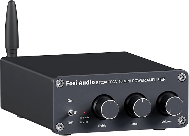 Fosi Audio BT20A Bluetooth 5.0 Stereo Audio 2-kanałowy wzmacniacz, wbudowany odbiornik, wzmacniacz mini HiFi klasy D 2.0CH do głośników domowych 100 W x 2, z regulatorem basów i wysokości TPA3116