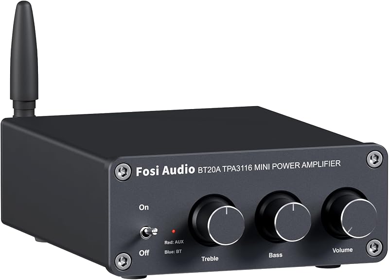 Fosi Audio BT20A Amplificador estéreo Bluetooth, amplificadores de componentes de audio para el hogar de 2 canales para parlantes pasivos, mini receptor de amplificador clase D 200 W para interior/exterior/garaje/techo/parlante de estantería