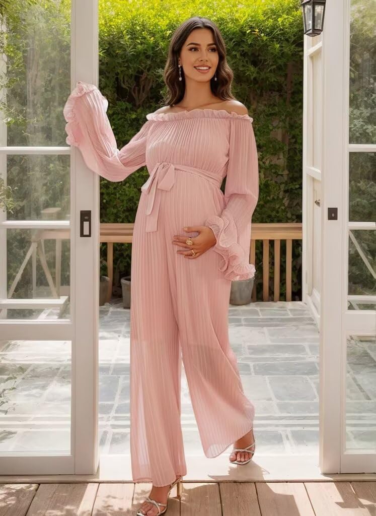 Off Shoulder Long Sleeves Chiffon Jumpsuits Pleated Baby Shower Dresses Formal Maternity Pantsuits with Tie