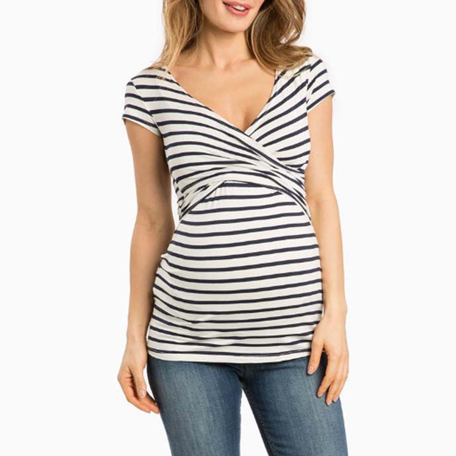 Premamá Tops Camisas de Lactancia Materna de Manga Corta para Mujeres cómodo Camiseta Estampado Raya Ropa Premamá de Enfermería Primavera Verano Regalo Durante el Embarazo