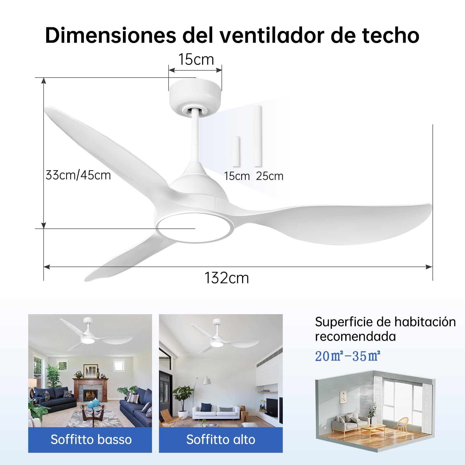 reiga Ventilador de Techo Blanco con Luz y Mando a Distancia 132 cm | Ventilador de Techo Silencioso 3 Aspas Interior, Motor DC Reversible para Dormitorio y Salón