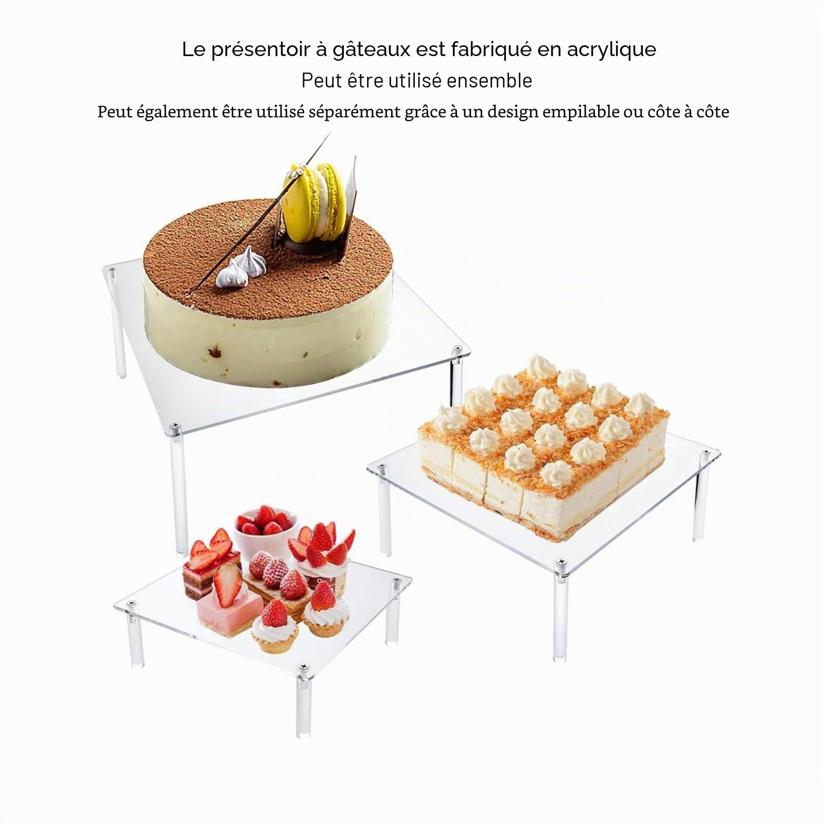 3Pcs Présentoir à Gâteau en Acrylique Transparent, 20 cm 25 cm 30 cmSupports à Gâteaux Carrés, Support d'exposition Cupcakes, pour Pizza, Dessert, Noël, Mariage, Anniversaire, Fête De Thé